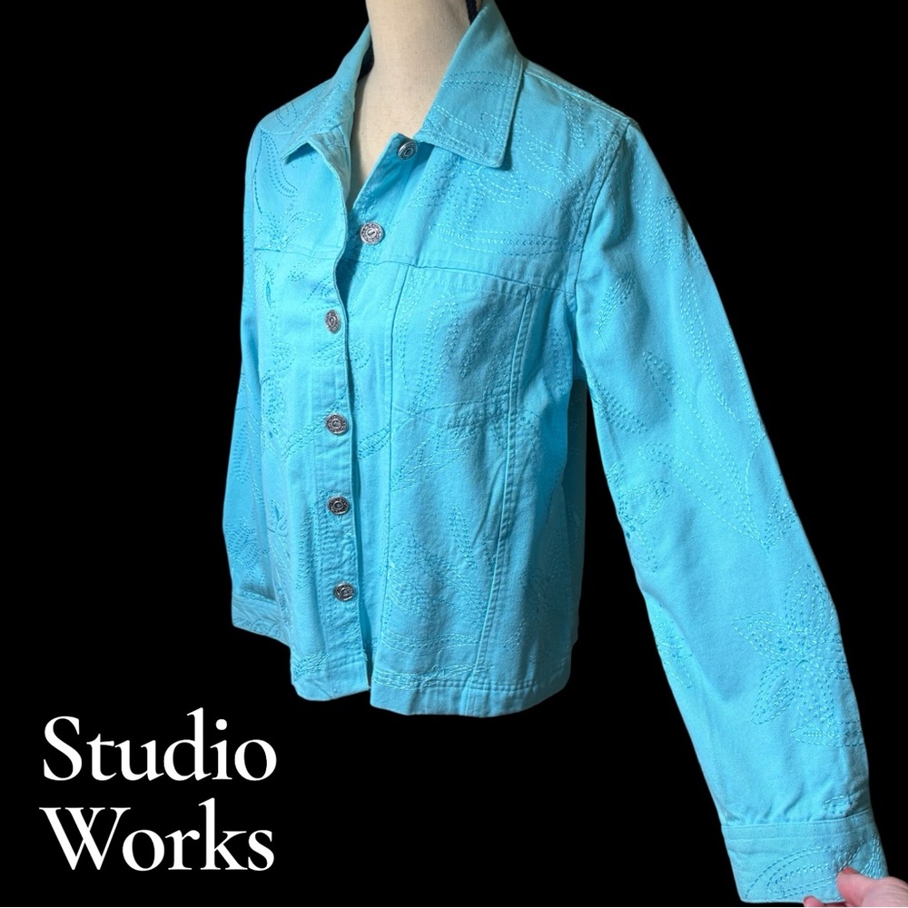 Studio Works Turquoise Embroidered Jean Jacket Size Small. EUC!!!